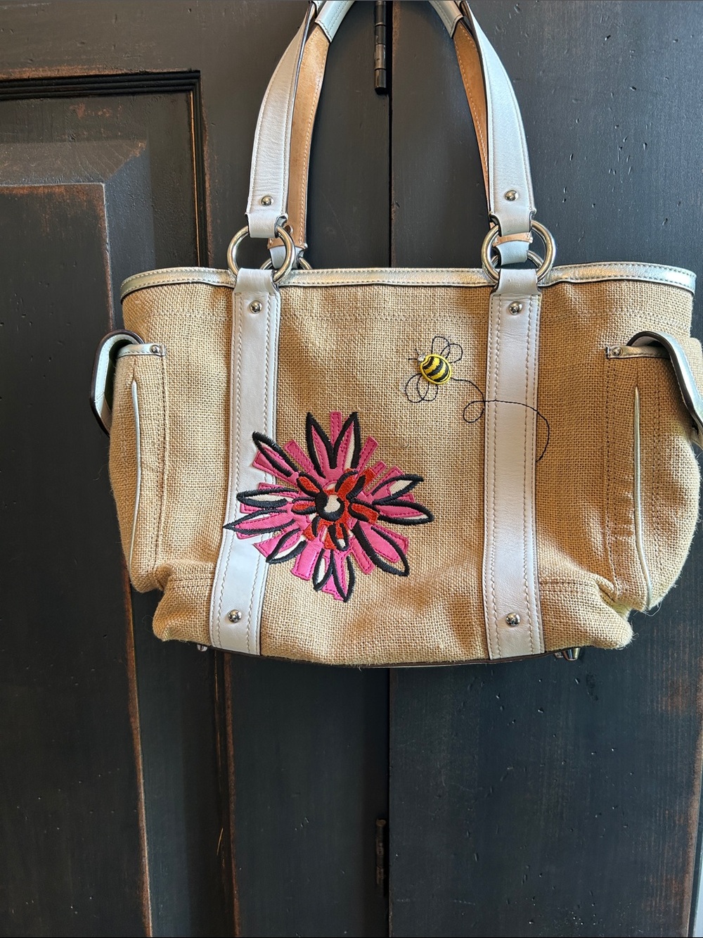 Coach Embroidered Floral Canvas Tote Bag in Tan and White - Picture 2 of 5